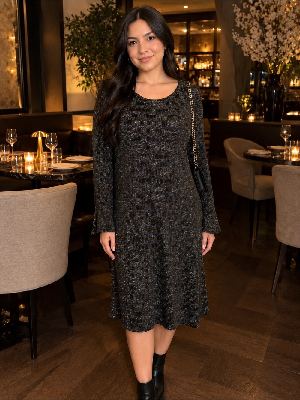Michael Kors Long Sleeve Shimmer Knit Shift Dress - Black & Gold
